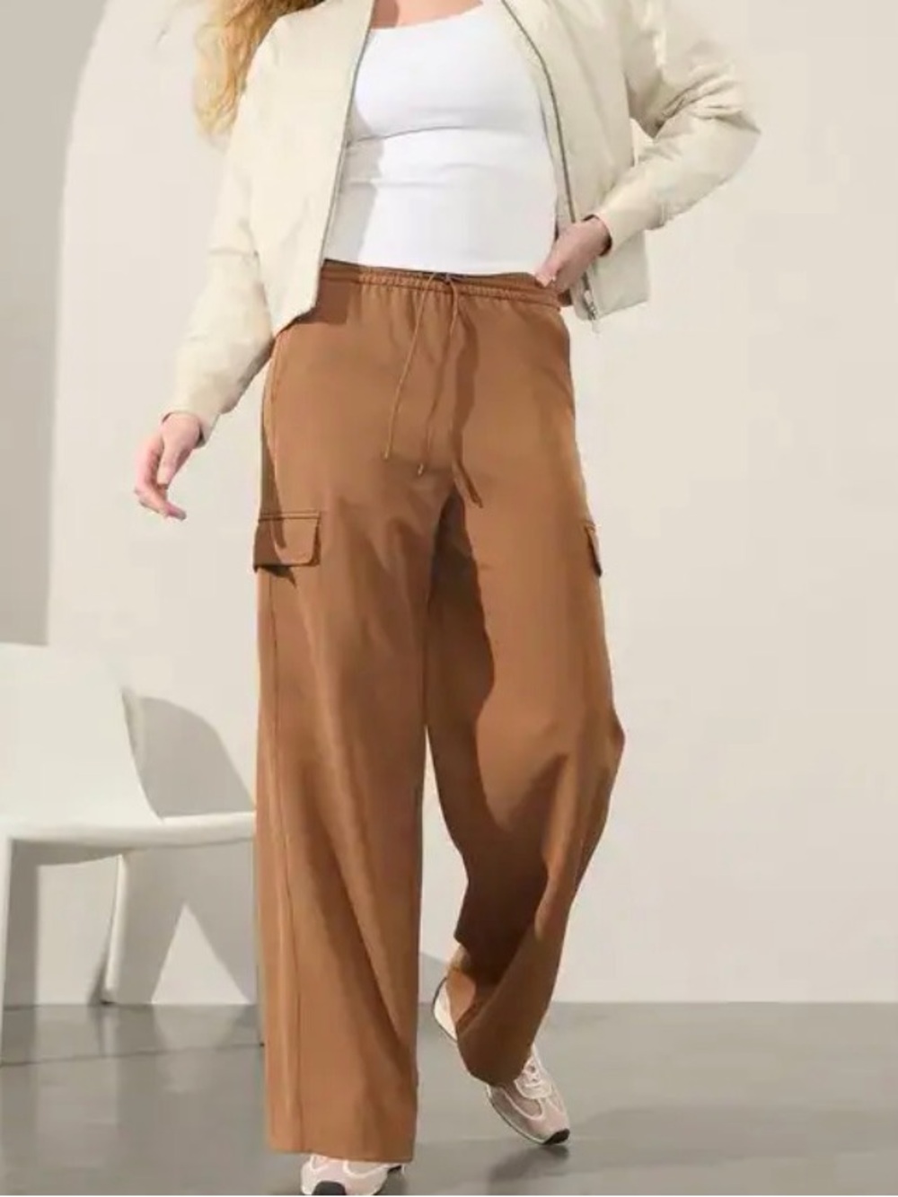 Athleta Wide-Leg Promenade Cargo Pants Walnut Brown - Casual Drawstring Trousers